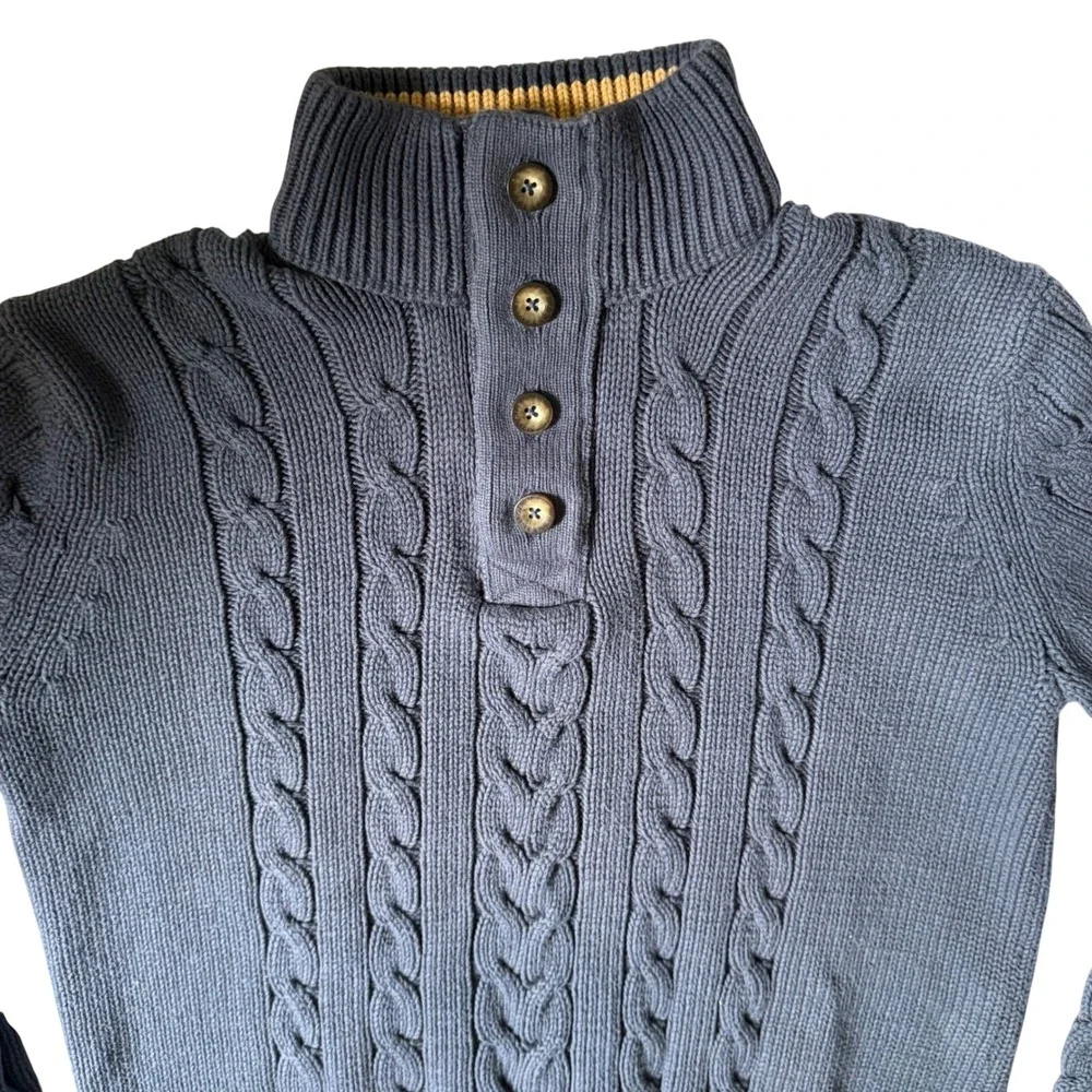 Eddie‎ Bauer Mens Navy Blue Cable Knit Cotton Mock Neck Button Sweater Large